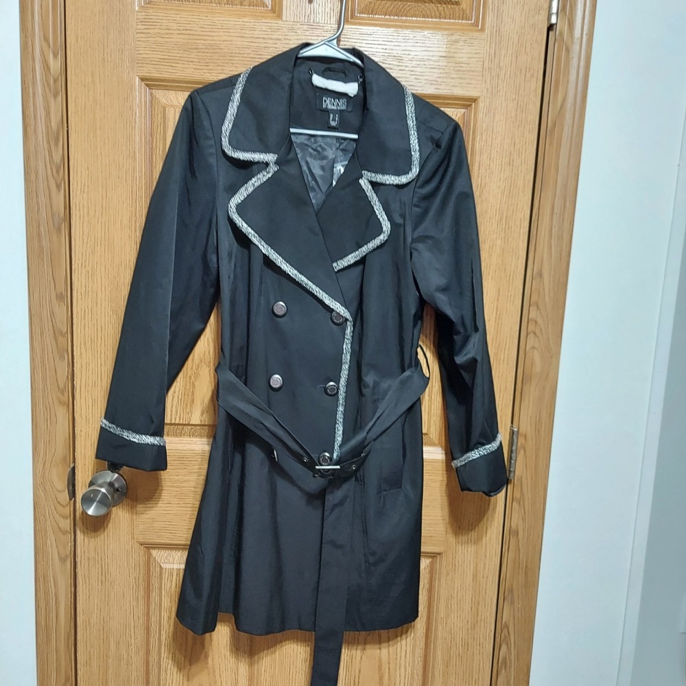 NWOT Dennis by Dennis Basso Trench Coat Womens Med Black Tweed Trim Belted Chic